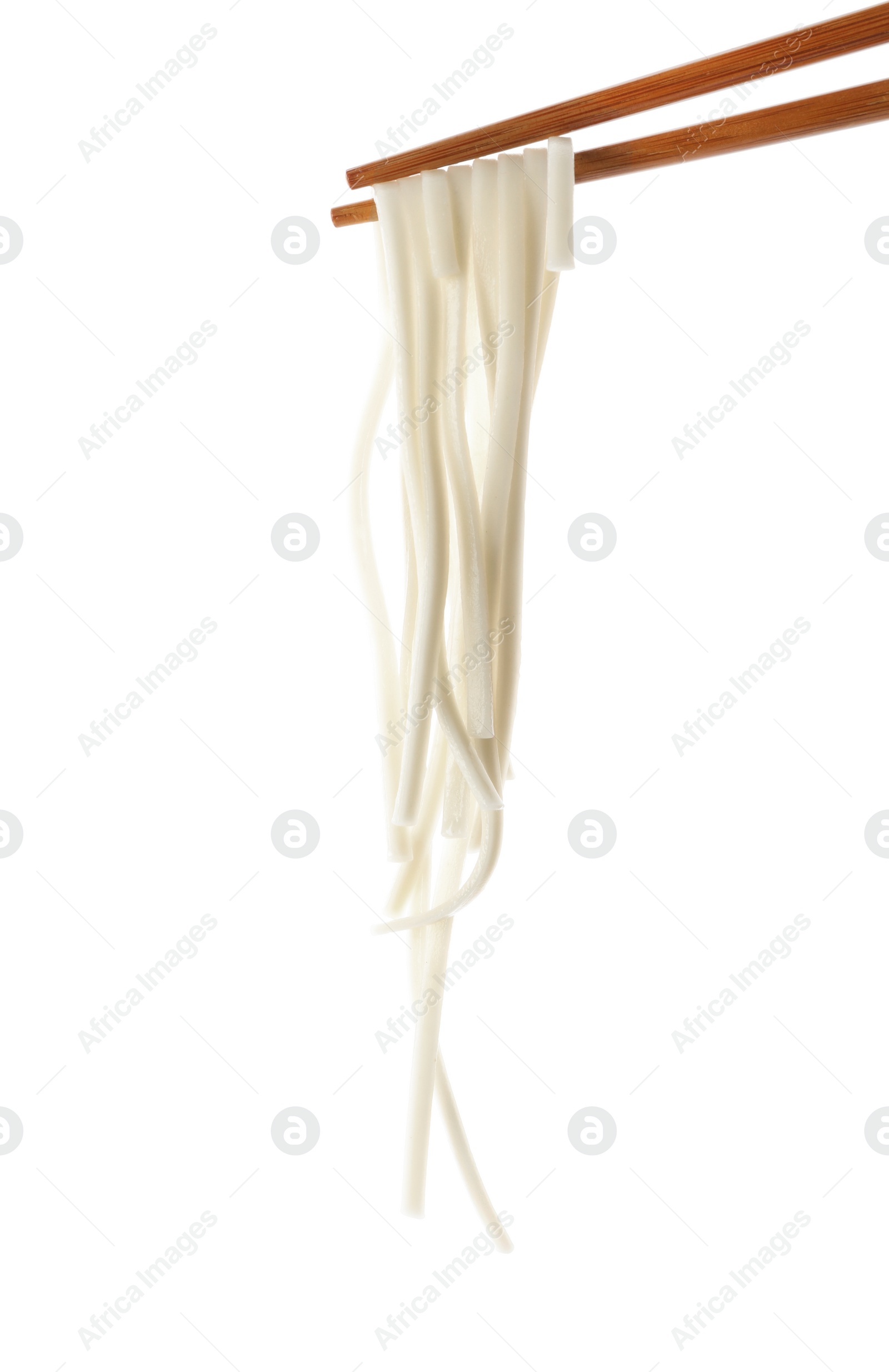 Photo of Chopsticks with tasty cooked rice noodles isolated on white