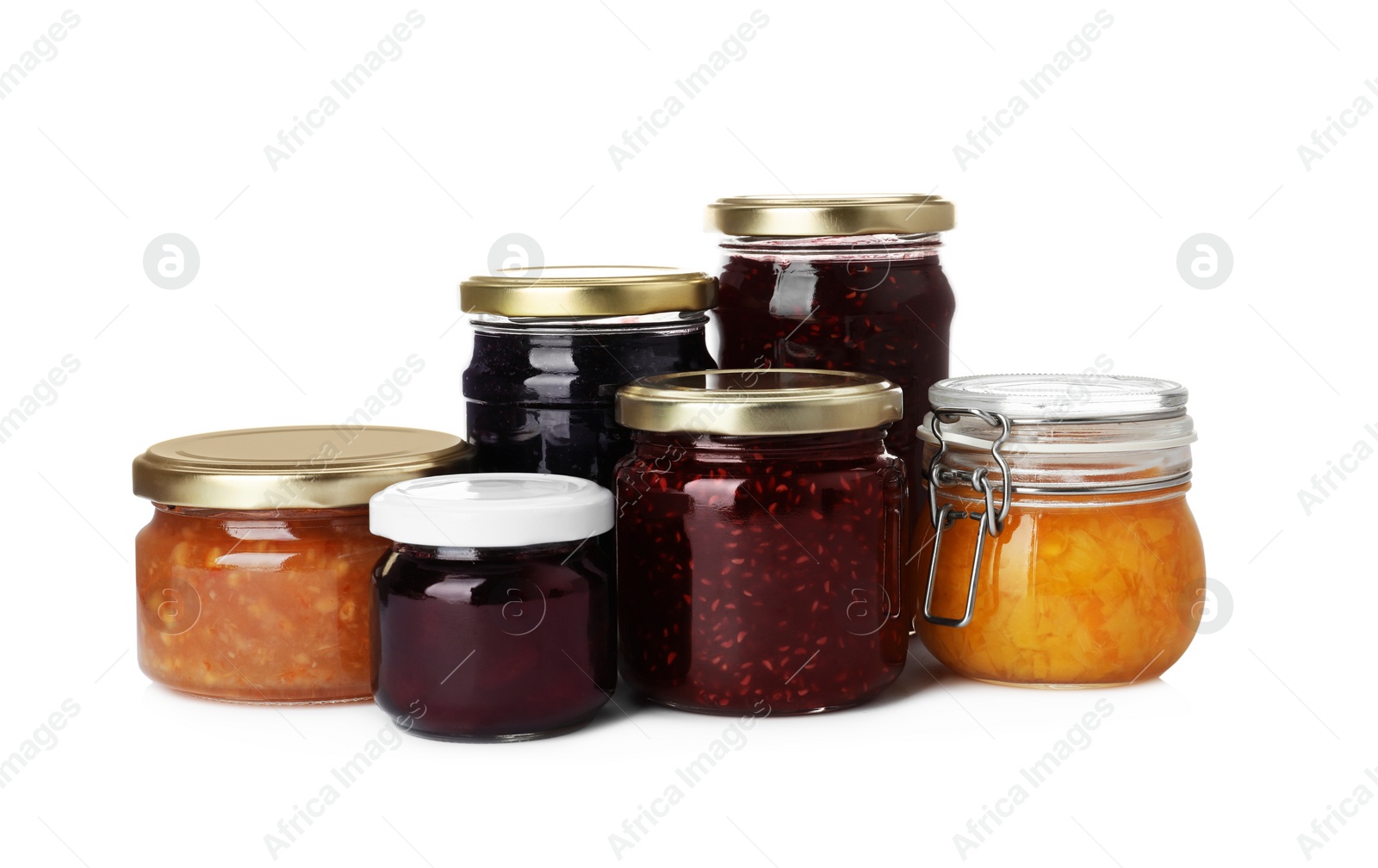 Photo of Jars with different jams on white background