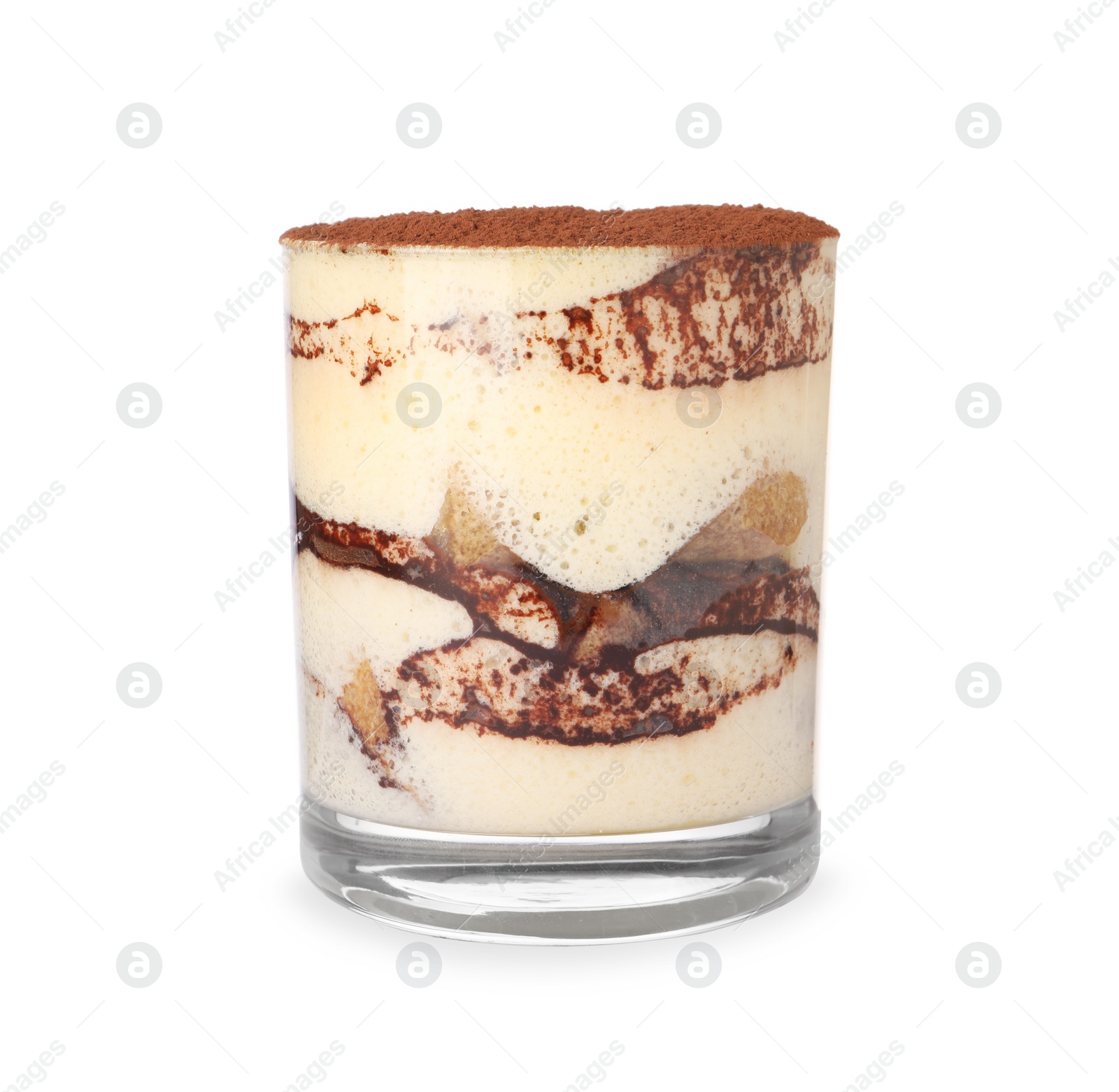 Photo of Delicious tiramisu in glass isolated on white