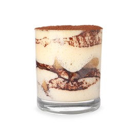 Photo of Delicious tiramisu in glass isolated on white