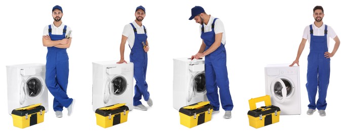 Image of Collage with photos of repairman with toolbox near washing machine on white background