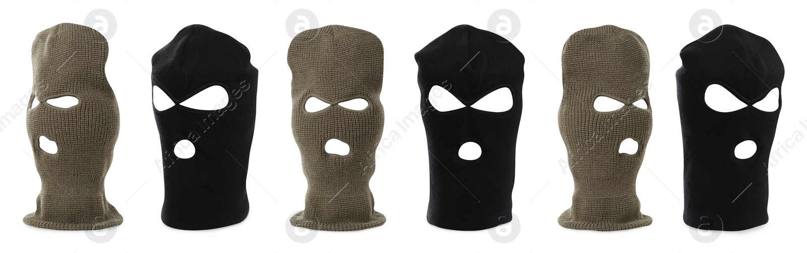 Image of Set with different balaclavas on white background. Banner design