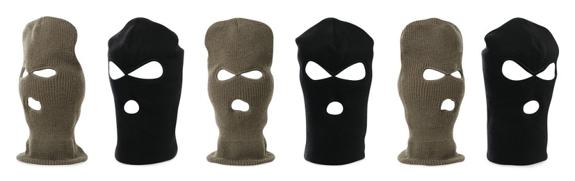 Image of Set with different balaclavas on white background. Banner design