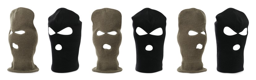 Set with different balaclavas on white background. Banner design