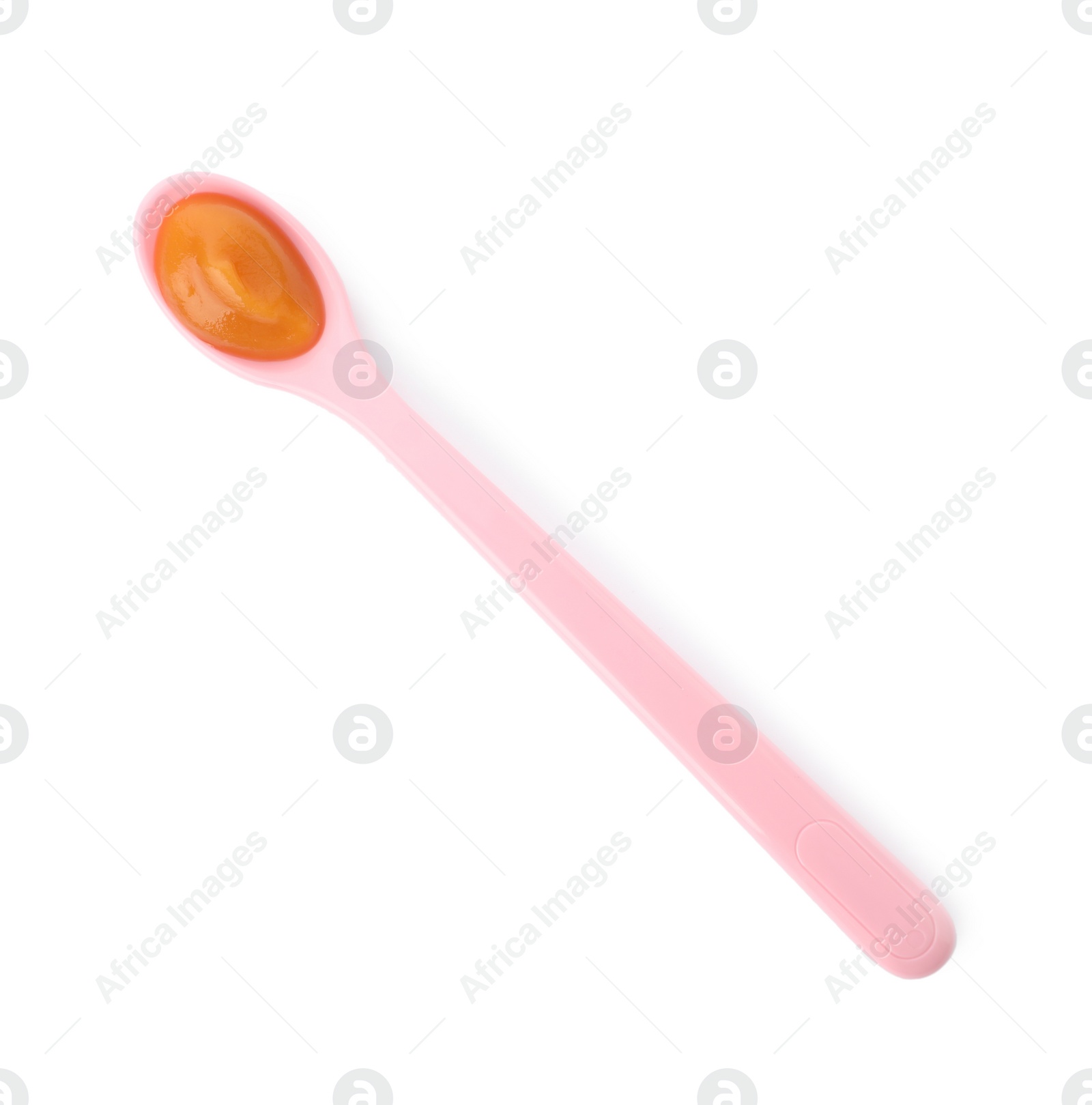 Photo of Spoon of tasty pureed baby food isolated on white, top view