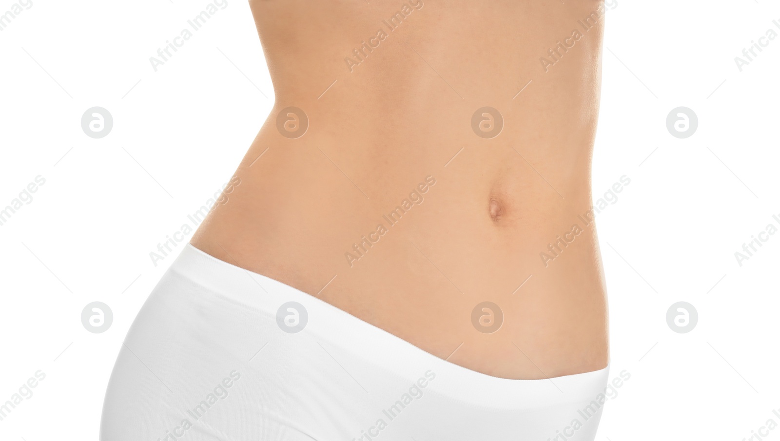 Image of Beautiful young woman with perfect body on white background, closeup