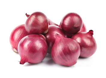 Photo of Fresh whole red onions on white background