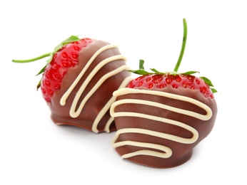 Photo of Delicious chocolate covered strawberries on white background