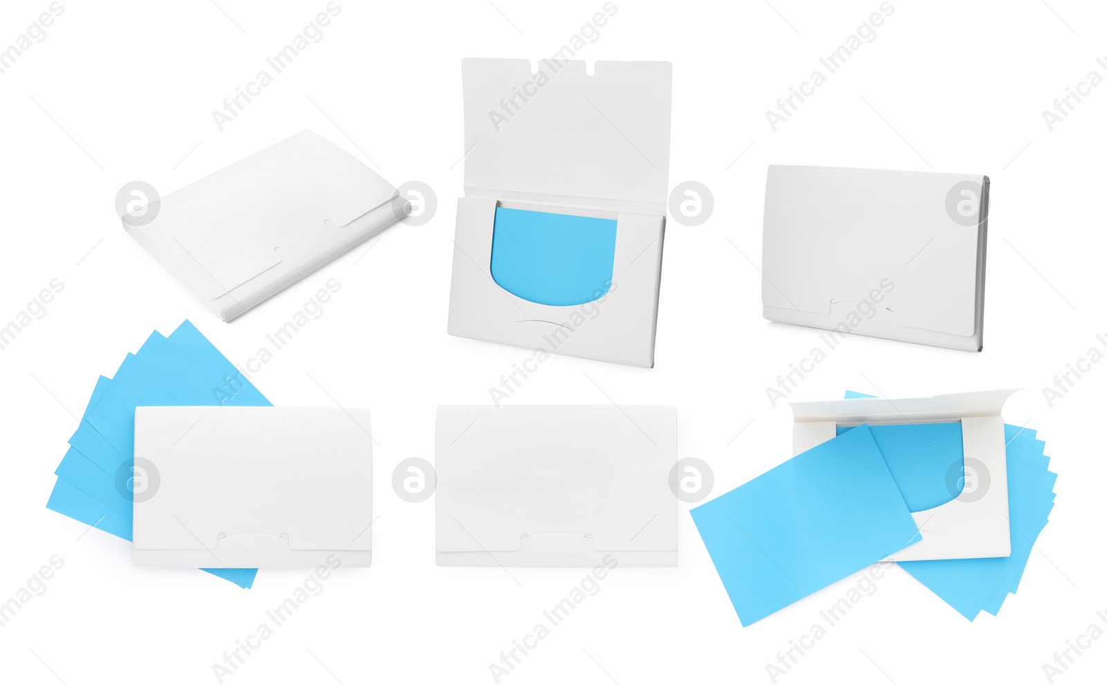 Image of Set with facial oil blotting tissues on white background. Mattifying wipes
