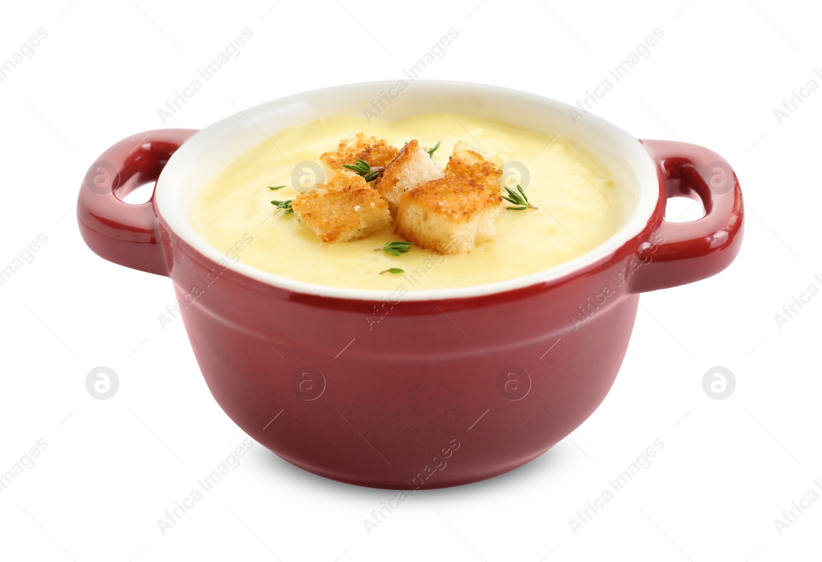 Photo of Tasty potato soup with croutons and rosemary in ceramic pot isolated on white