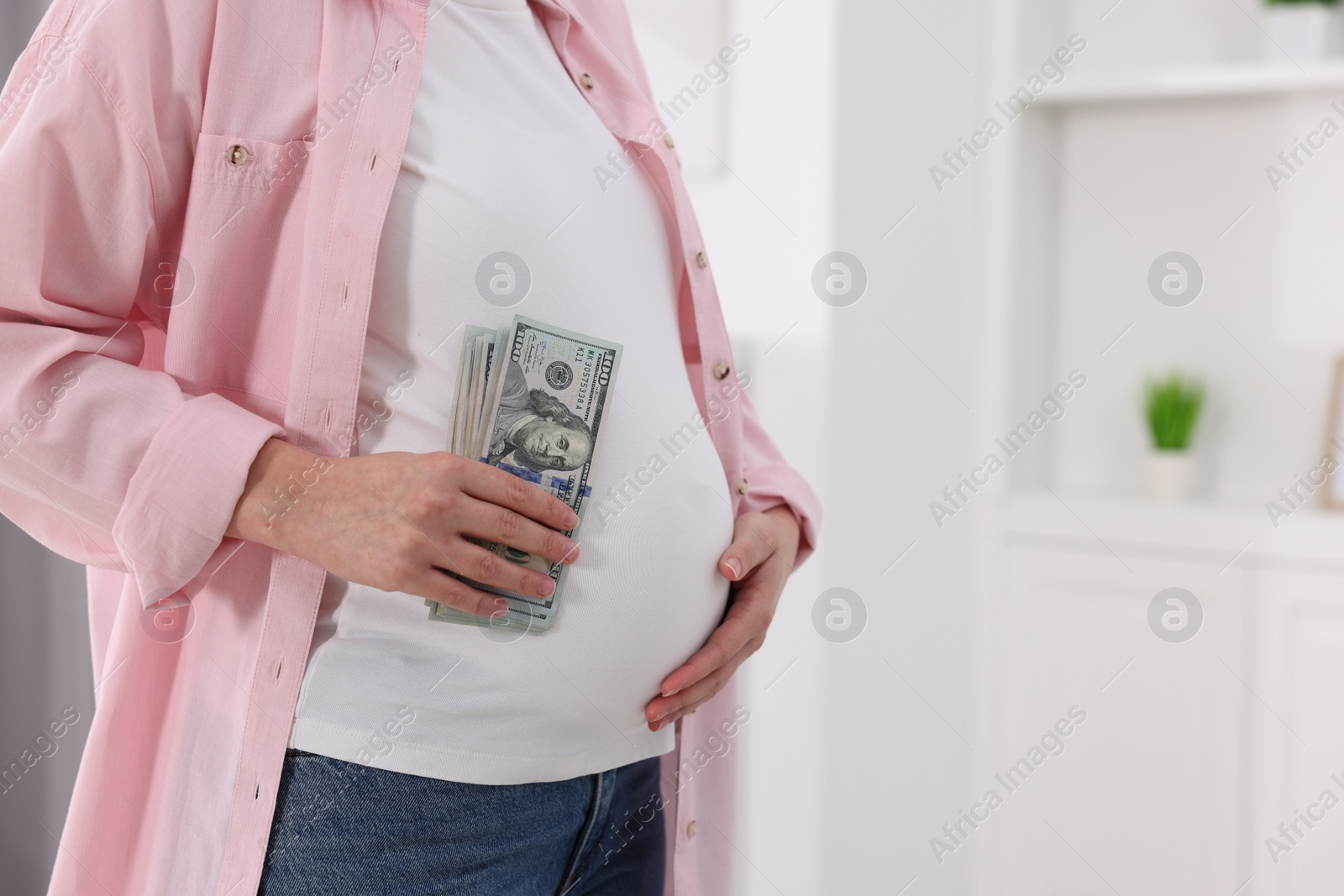 Photo of Surrogate mother. Pregnant woman with dollar banknotes indoors, closeup. Space for text