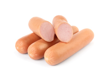 Photo of Tasty sausages on white background. Meat product