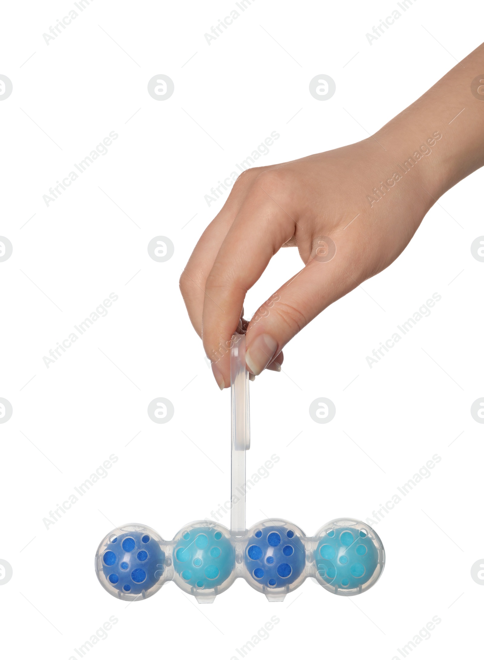 Photo of Woman holding toilet rim block cleaner on white background, closeup