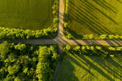 Image of Beautiful aerial view of green fields and empty crossroad