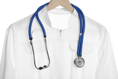 Photo of Doctor's gown and stethoscope isolated on white. Medical uniform
