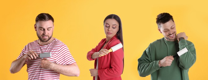 People cleaning clothes with lint rollers on yellow background, collage. Banner design