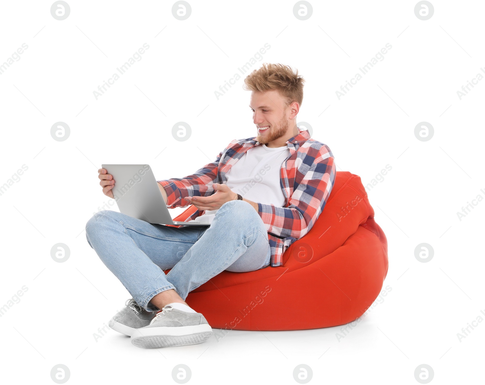 Photo of Happy man with laptop on white background