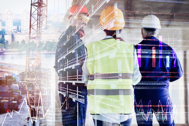 Image of Multiple exposure of professional engineers, scheme, cityscape and construction 