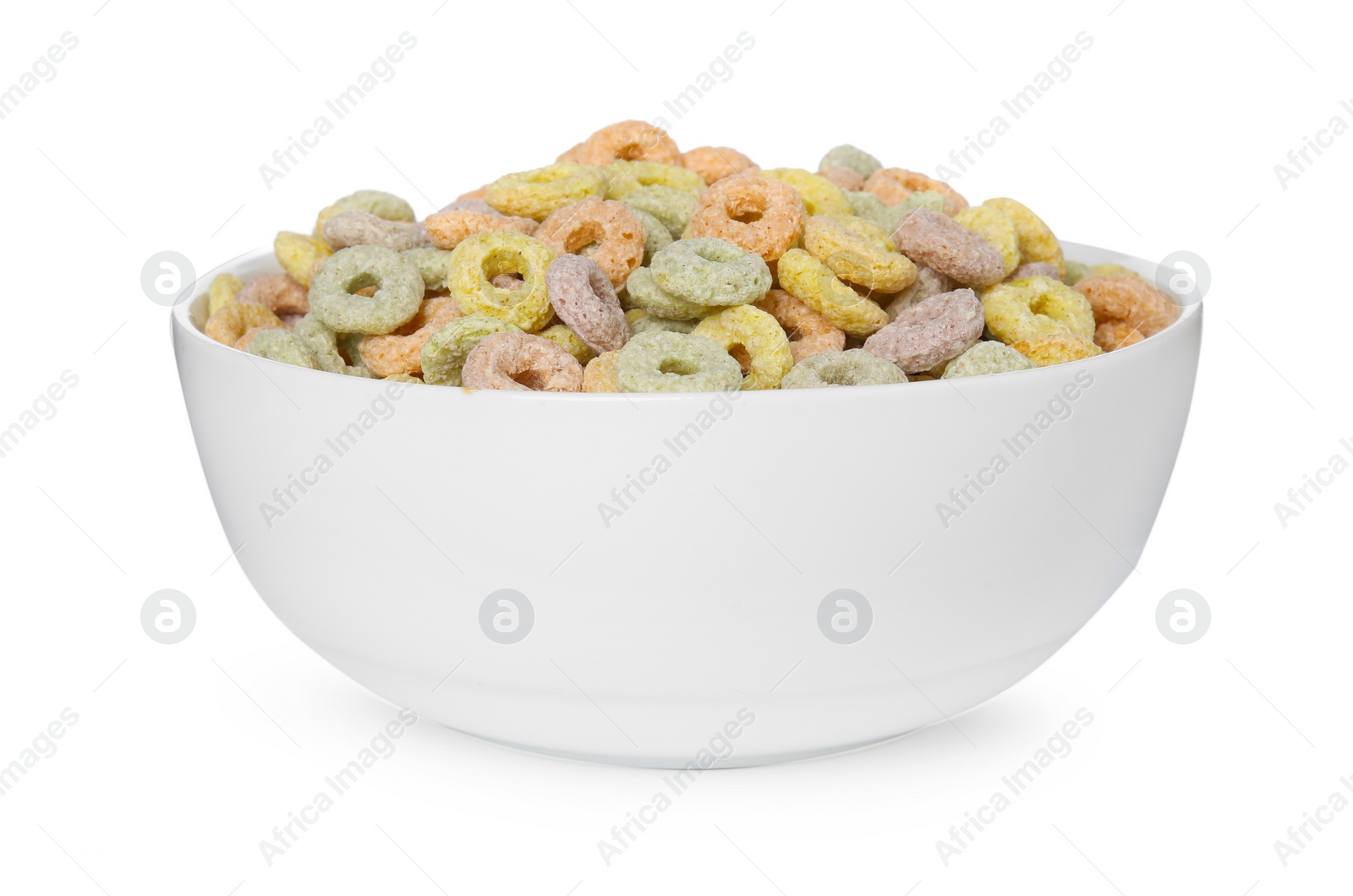 Photo of Tasty cereal rings in bowl isolated on white