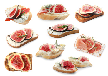 Image of Set of toasted bread with fig slices on white background