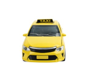 Photo of Yellow taxi car isolated on white. Children's toy