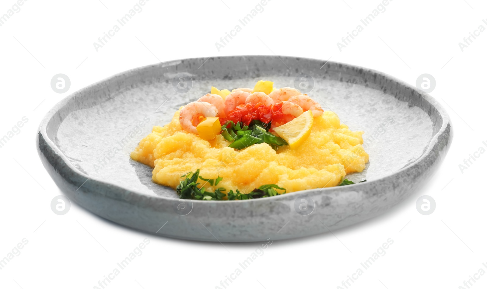 Photo of Plate with tasty shrimps and grits on white background