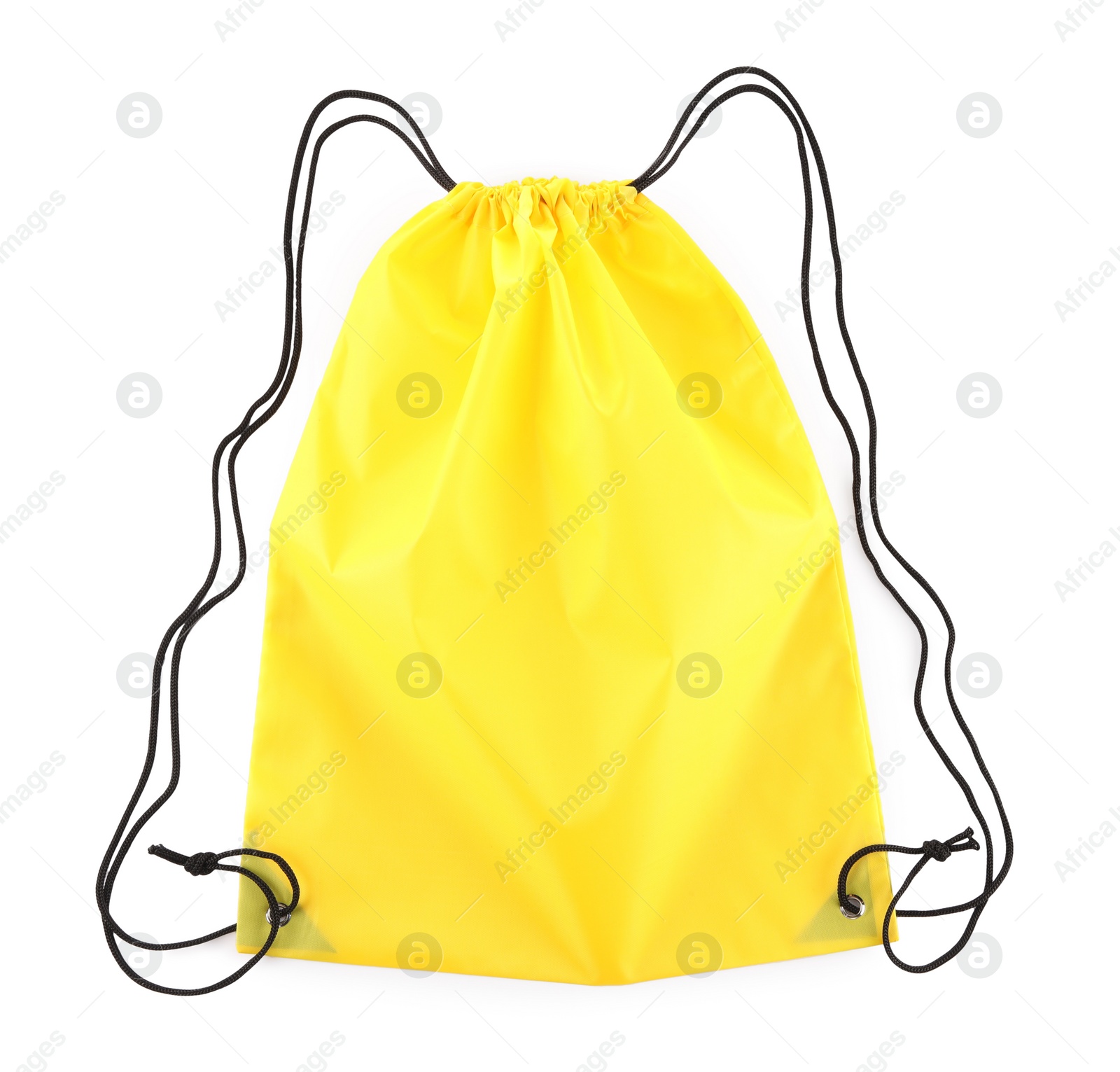 Photo of One yellow drawstring bag isolated on white