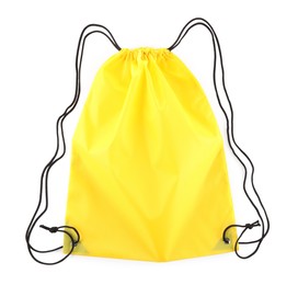 Photo of One yellow drawstring bag isolated on white