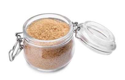 Photo of Brown sugar in glass jar isolated on white