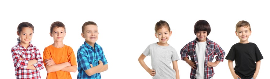 Image of Collage with photos of different cheerful children on white background