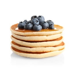 Photo of Stack of pancakes with berries and honey on white background