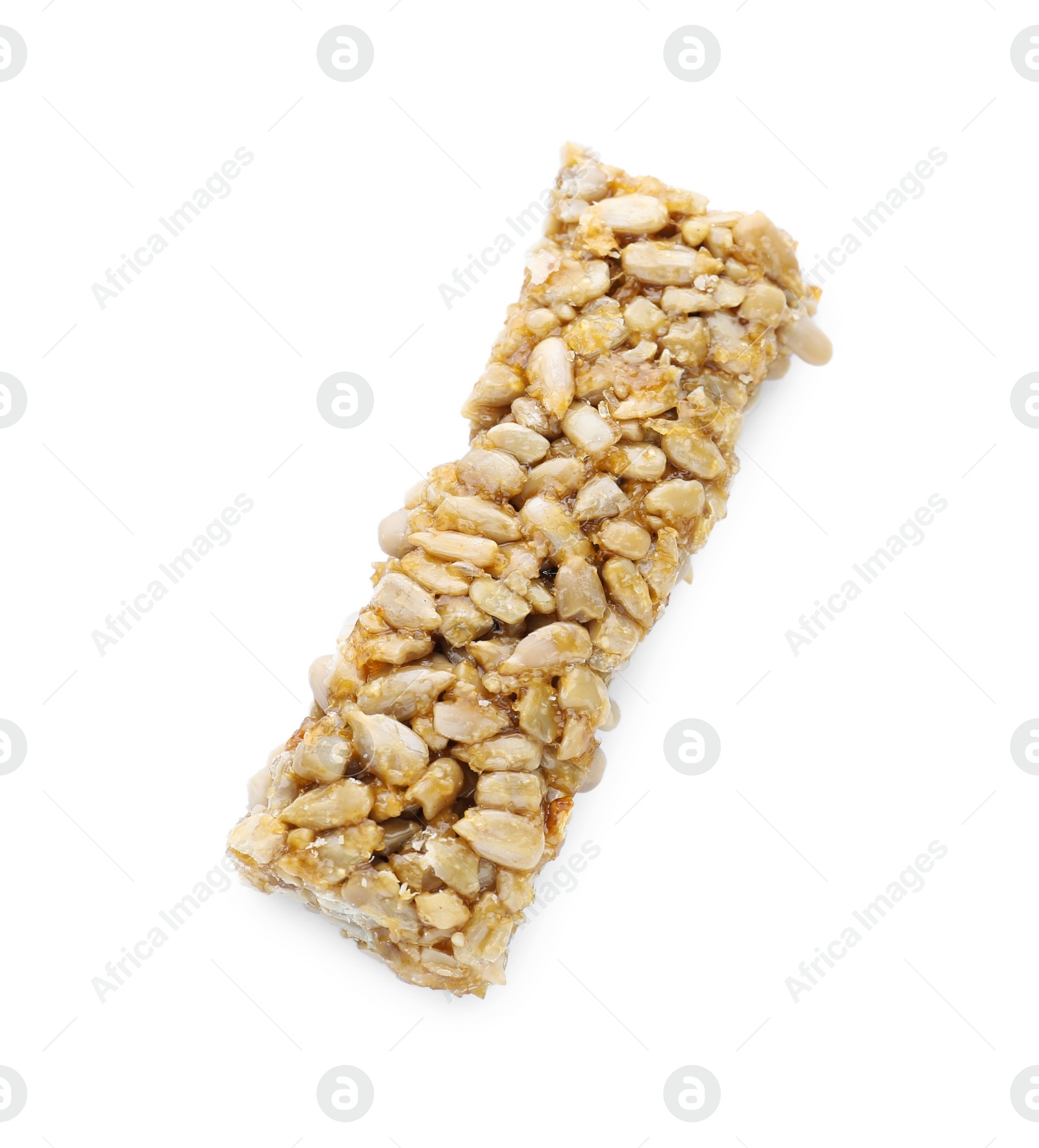 Photo of Tasty sunflower seed bar isolated on white