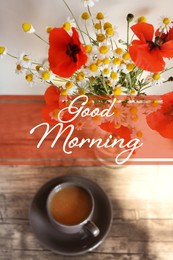 Good morning! Beautiful bouquet of poppies and chamomiles near cup with coffee indoors, focus on flowers