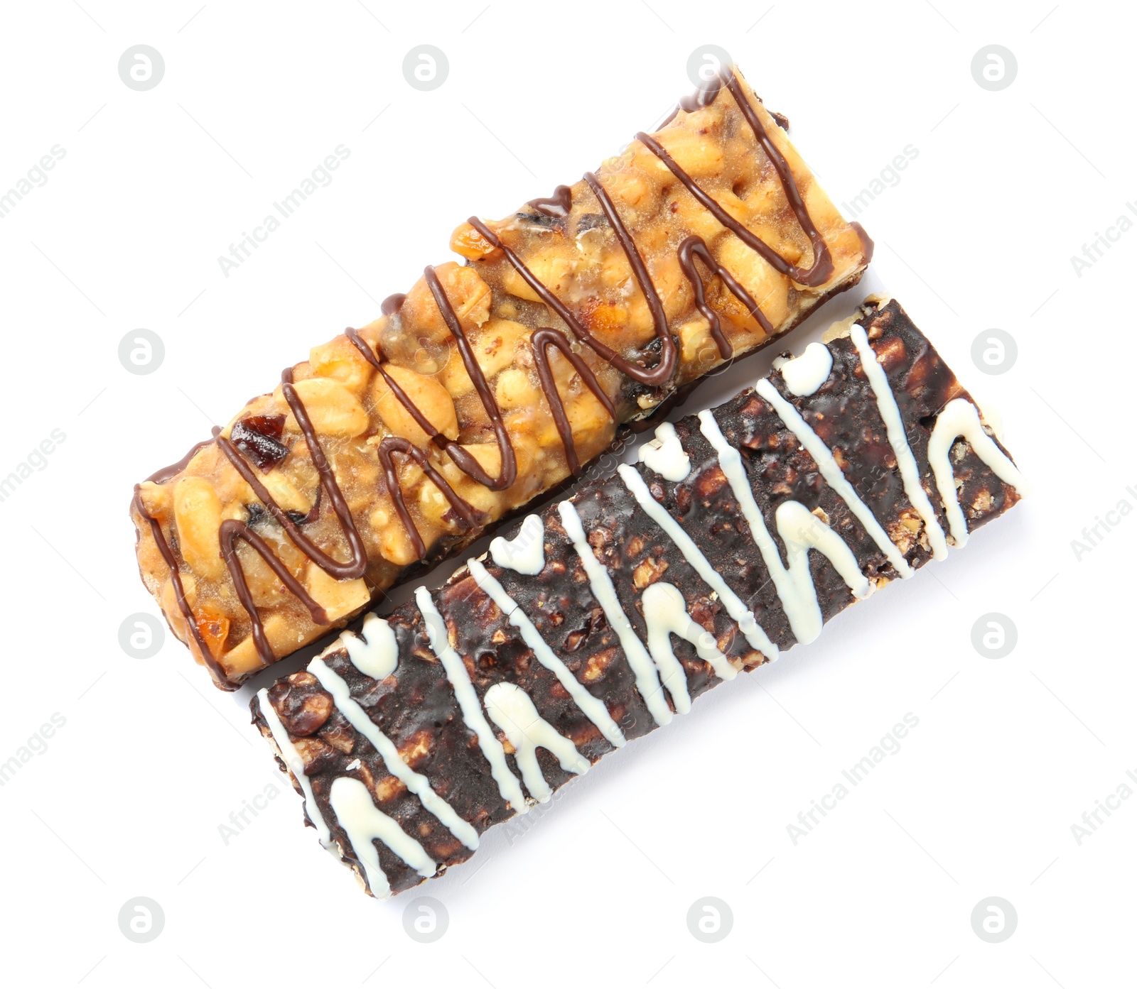 Photo of Different grain cereal bars on white background. Healthy snack