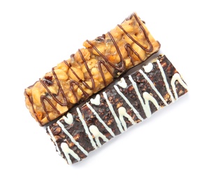 Different grain cereal bars on white background. Healthy snack