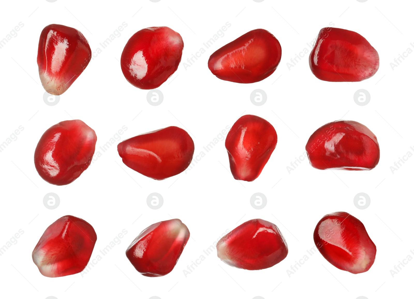 Image of Ripe juicy pomegranate seeds on white background, collage 