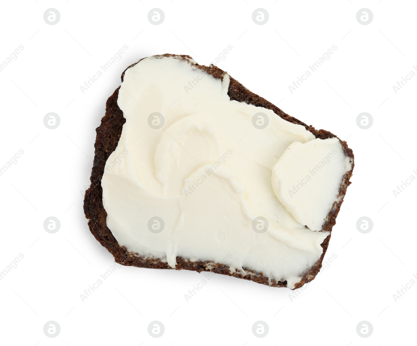 Photo of Bread with cream cheese on white background, top view