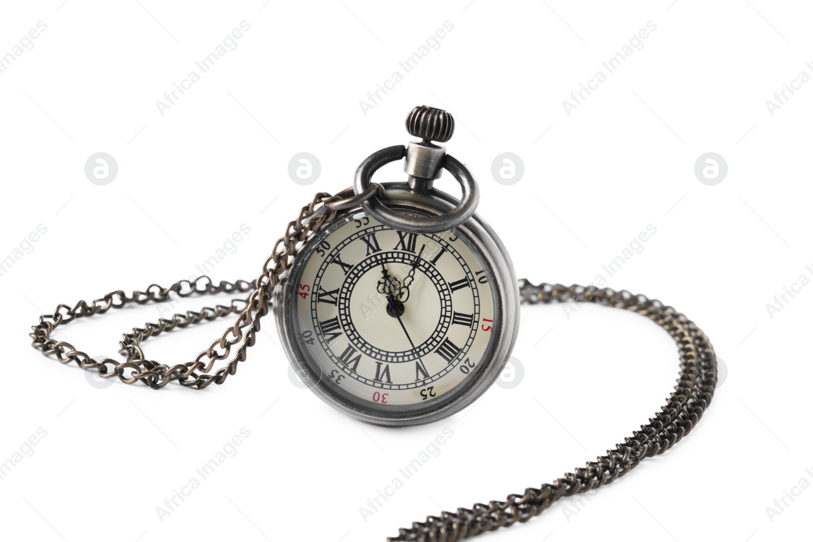 Photo of One pocket clock with chain isolated on white