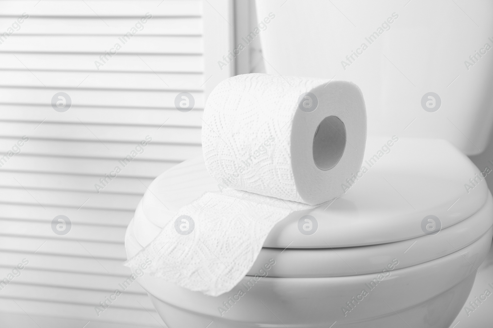 Photo of New paper roll on toilet bowl in bathroom