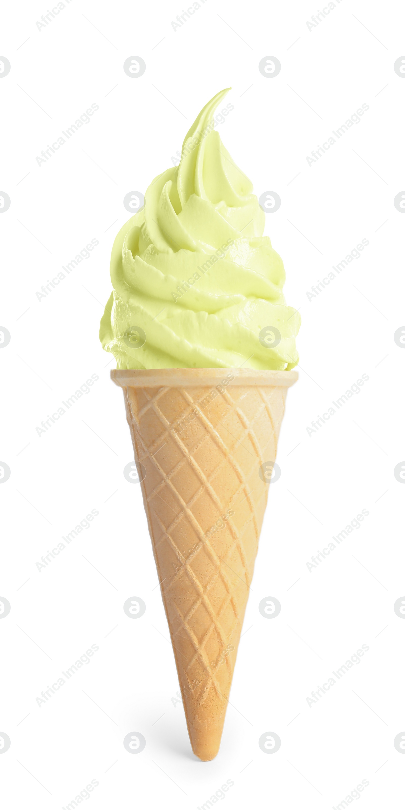 Image of Delicious soft serve ice cream in crispy cone isolated on white