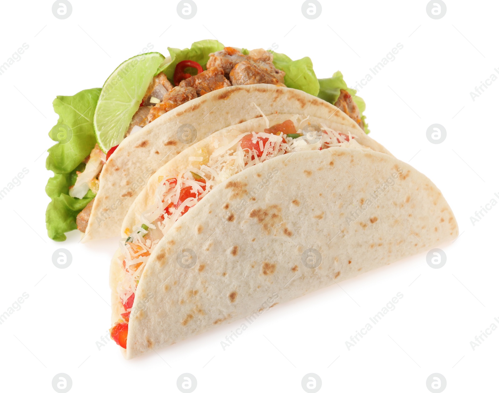 Photo of Delicious tacos with meat and vegetables isolated on white