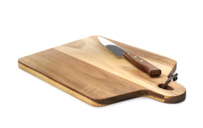 Photo of Wooden cutting board with knife isolated on white. Cooking utensils