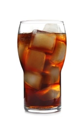 Photo of Glass of refreshing cola with ice on white background