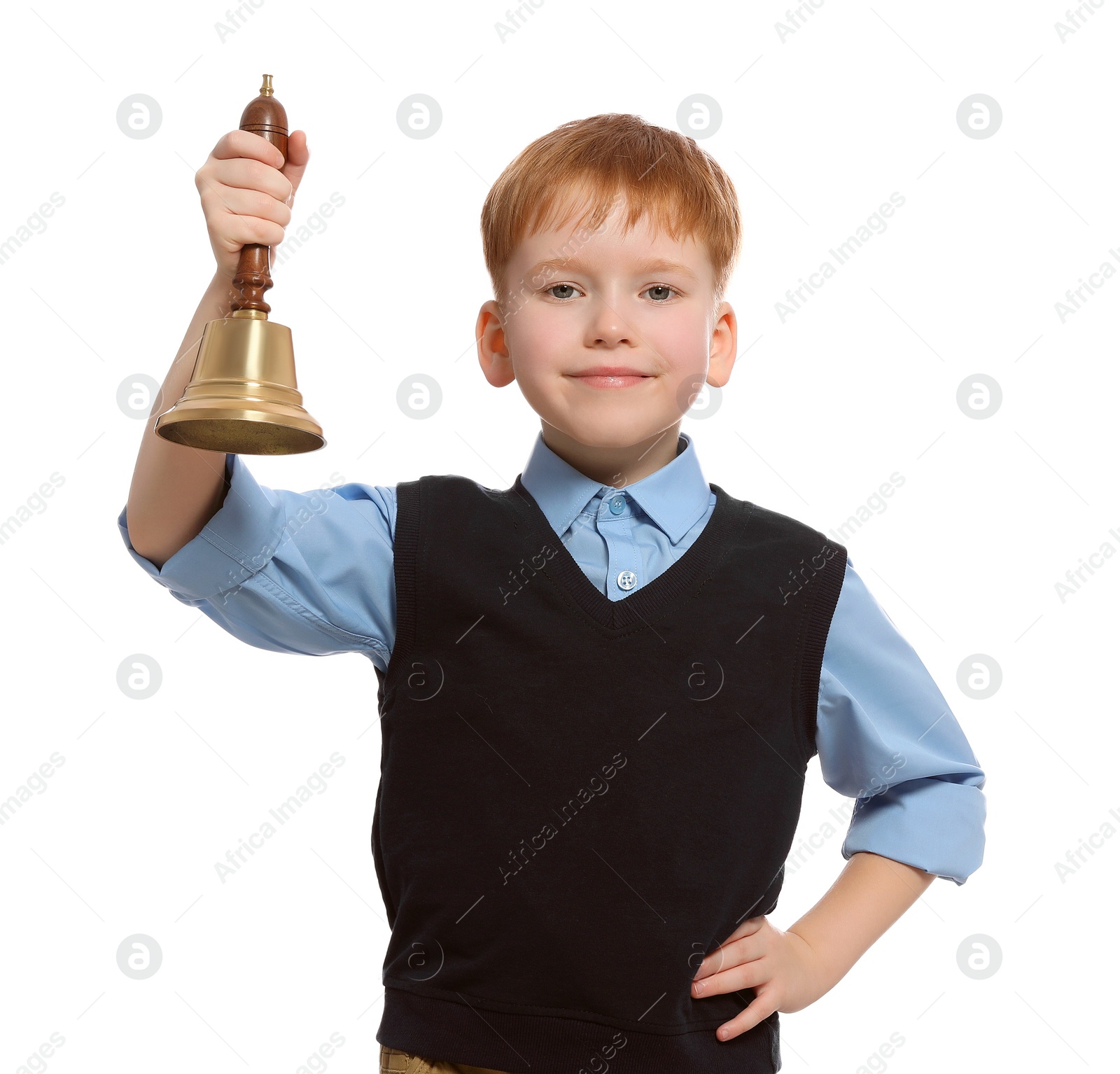 Photo of Pupil with school bell on white background