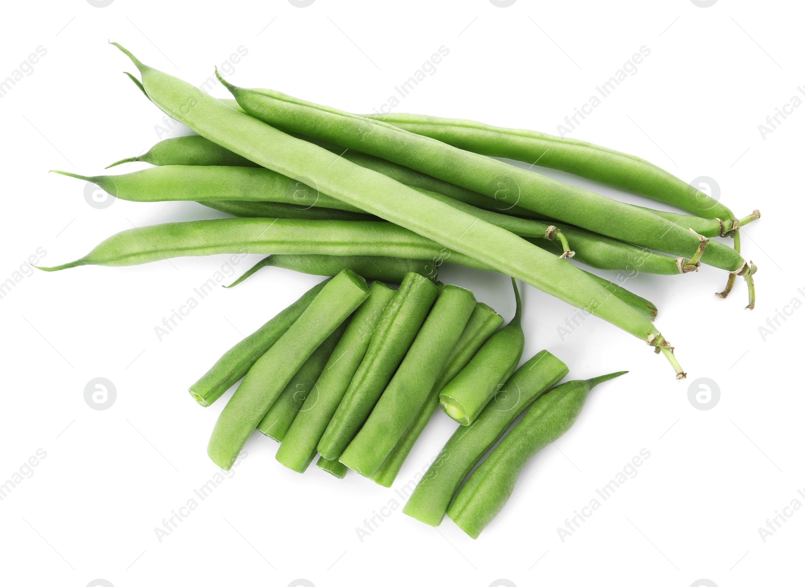 Photo of Fresh green beans on white background, top view