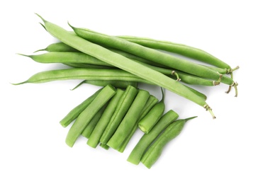 Fresh green beans on white background, top view