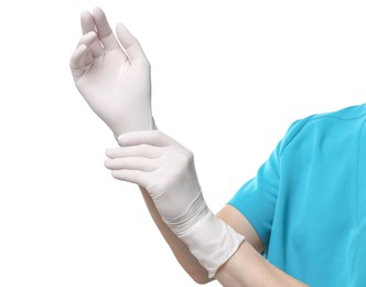 Photo of Doctor wearing medical gloves on white background, closeup