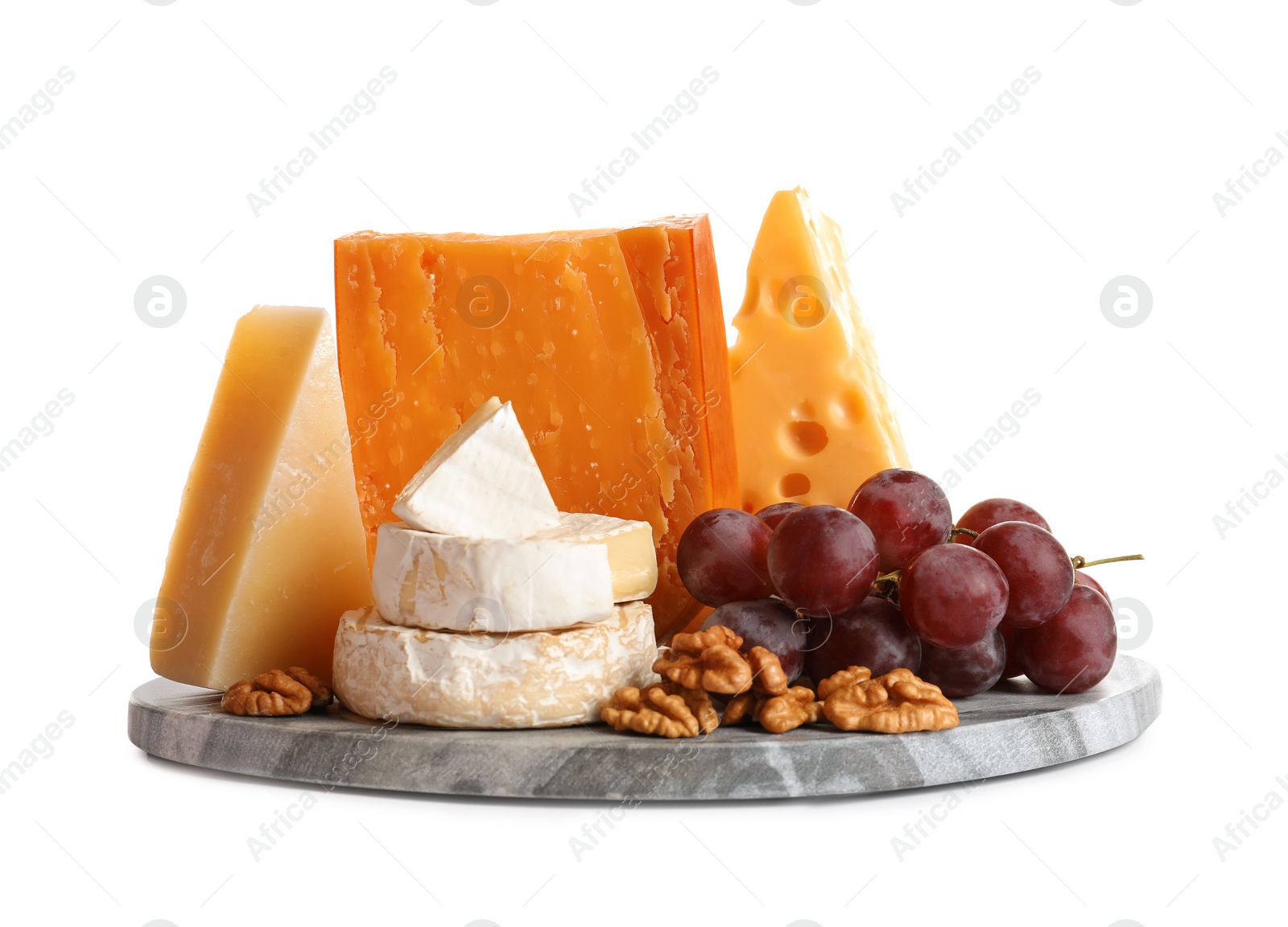 Photo of Composition with cheese, grapes and walnuts on white background