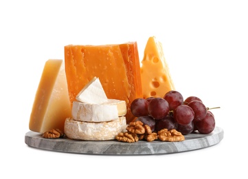 Composition with cheese, grapes and walnuts on white background