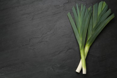 Fresh raw leeks on black table, flat lay. Space for text